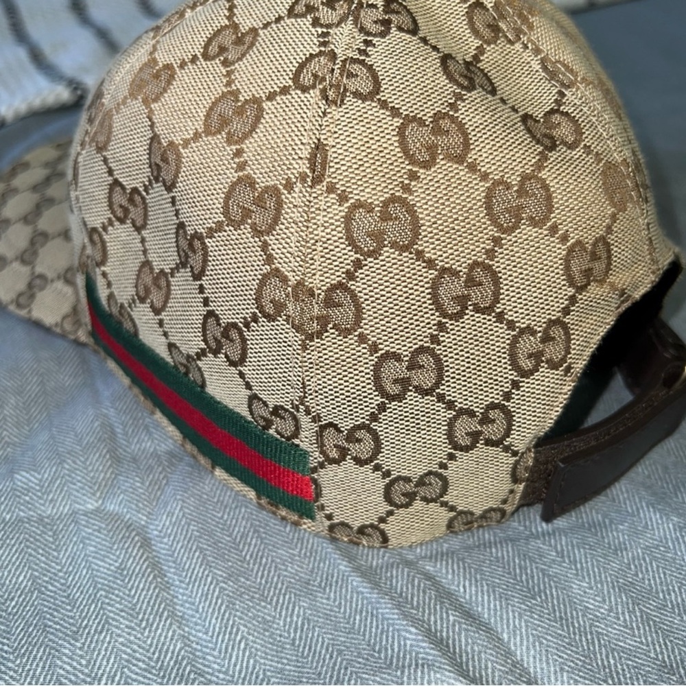Gucci Beige and Brown GG Canvas Cap with Green and Red Stripe